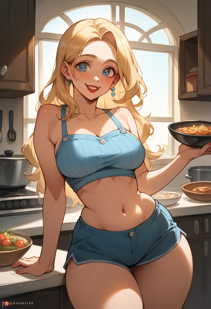 High quality, high resolution, 1 girl, beautiful, cute face, gorgeous ice blue eyes, long blonde hair, plump red lips, small cute nose, hair covering forehead, slim, slim waist, wide hips, huge butt, fat butt, fat thighs, thick thighs, light blue crop top, tight shorts, luxury house, sunny, kitchen, housewife, cooking,  table, chair, refrigerator, happy, shy smirk, relaxed, loving