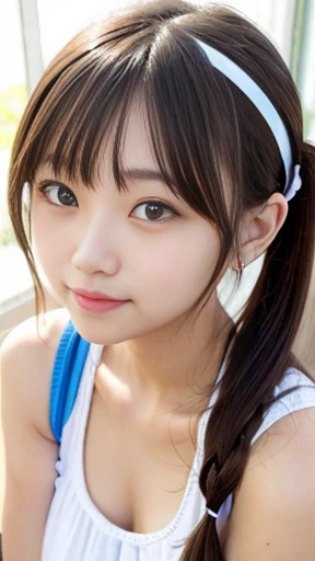 Masterpiece, best quality, 16K, ((photo realistic)), 1girl, short stature, ((japenese primary school girl)), school swimsuit, (flat chest), thin figure body, Sloping shoulders, baby face, blunt bangs, hair pins, roundly face, big eyes, small face, small mouth, dimples, (her height is 135cm), very cute face, lolita face, little, ((10yo)), early teen, (upward glance, from above), (without makeup, single eyelid, thin eyelashes), seaside, rocky area, Deserted Island, Hands behind back, smile at viewer, innocent smile, white teeth, (tilt her head),