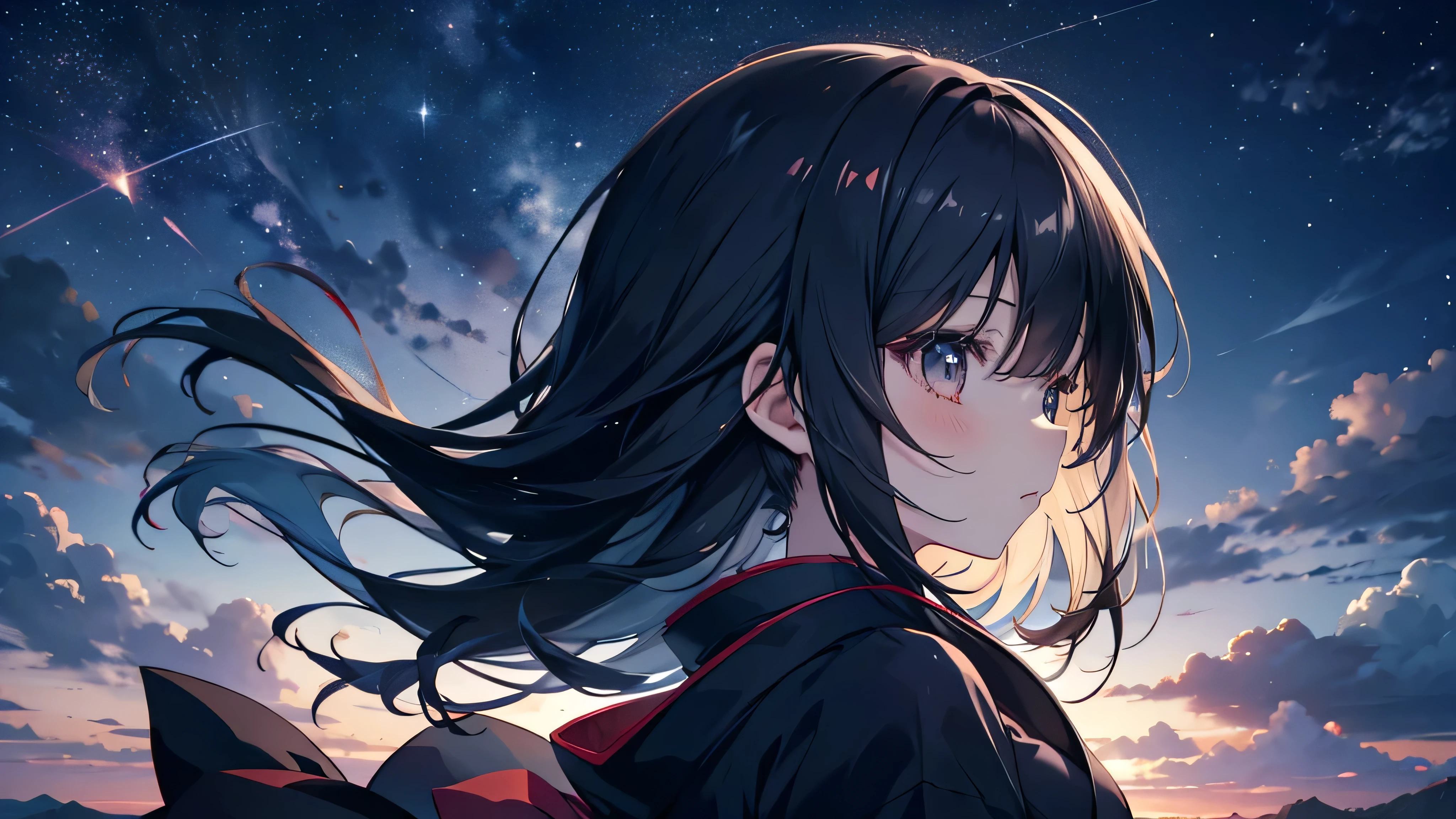 cute anime dark-haired girl、 dynamic、solo, long hair ,(profile,ANGLES FROM , puffy eyes , kimono)