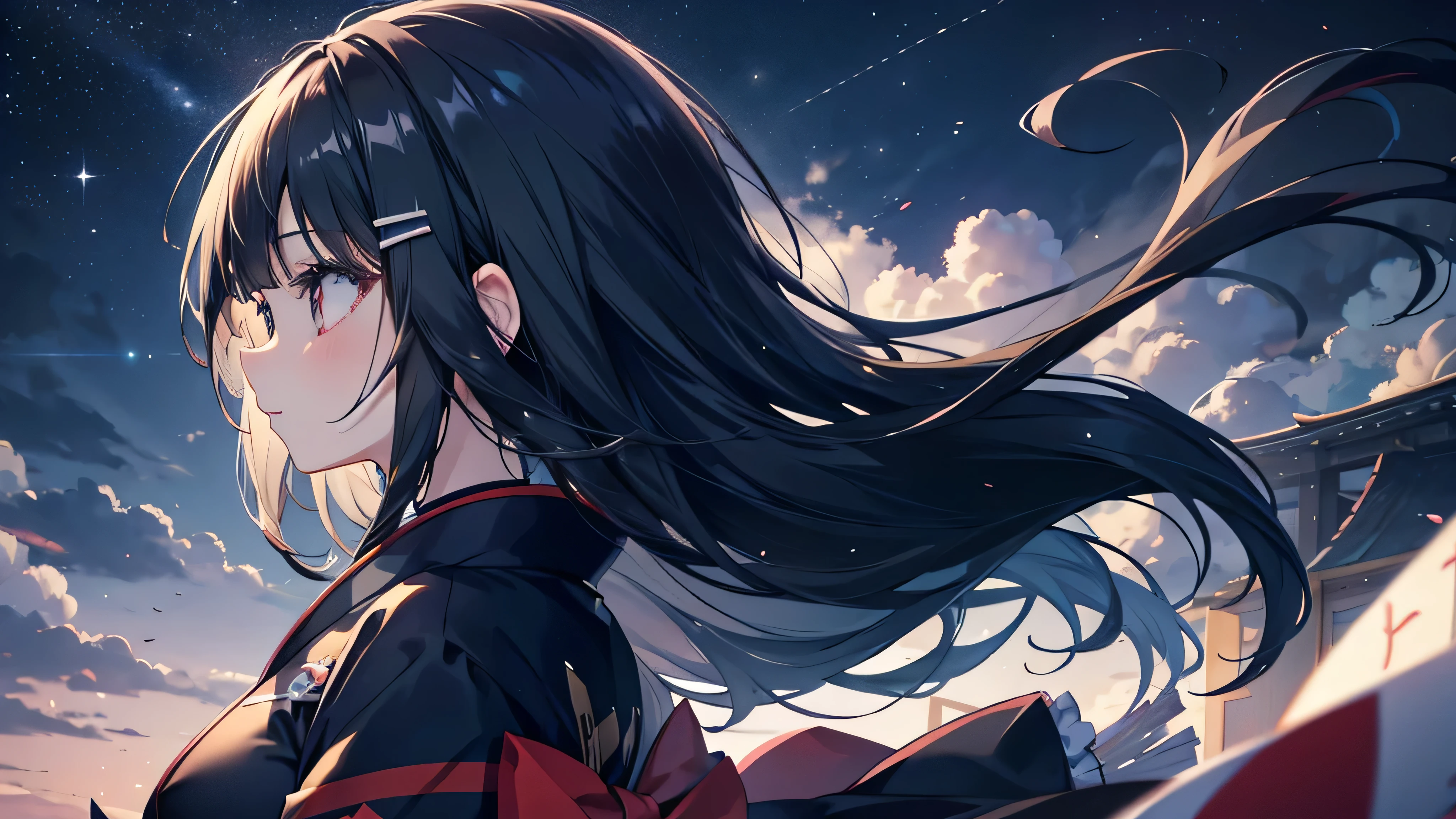 cute anime dark-haired girl、 dynamic、solo, long hair ,(profile,ANGLES FROM , puffy eyes , kimono)