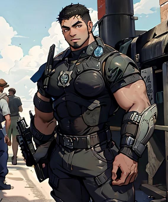 dominic_ Santiago , looking at the spectator,  muscle shirt,  short hair,  dark skin, (beard:1.1), plump, Standing, field, sunny, Day time, armor,  long pants ,  holding a gun 