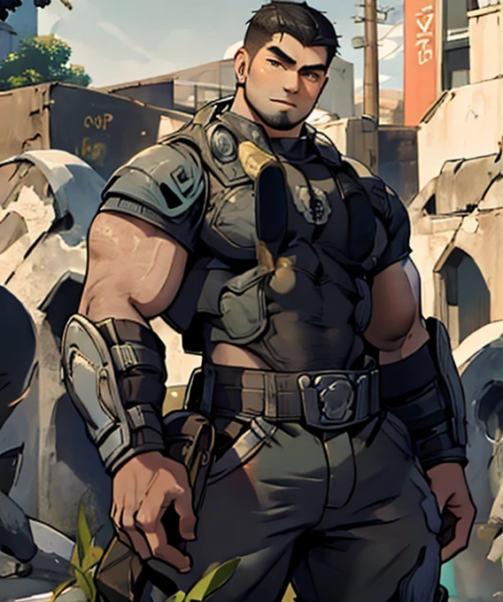 dominic_ Santiago , looking at the spectator,  muscle shirt,  short hair,  dark skin, (beard:1.1), plump, Standing, field, sunny, Day time, armor,  long pants ,  holding a gun 