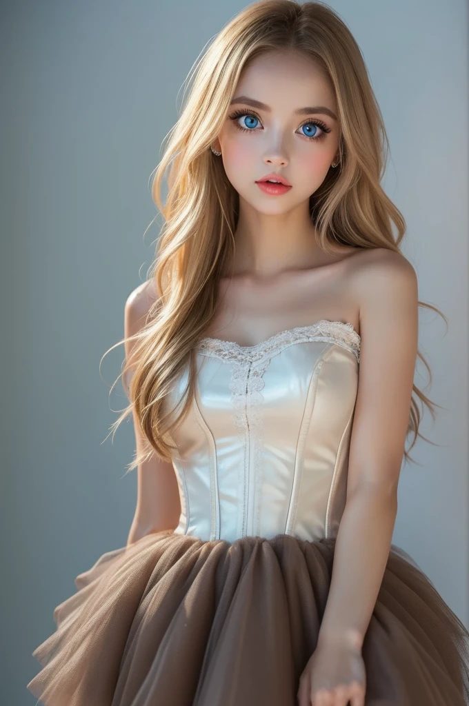 Photographically, very detailed, Very real, Hyperrealism , super realistic, best quality,(masterpiece, soft lighting, Stylish eyes with attention to detail : 1.2), a pretty young girl,(cute), sleeveless, sheer off-the-shoulder tutu,Can you loosen the corset strings on my back？,Fashion studio white background,She is standing,( Full Body Portrait :1.6), no makeup in the coal mine,Highlight your lips,Big Mouth , Thick lips, brown eyes ,Fuller lips, glossy lips in the ruins of the city, My lips are shiny with lip balm , blonde hair, (Perfect oval for big eyes), blue beautiful perfect eyes , (Charming young woman:1.3), (Charming:1.1),