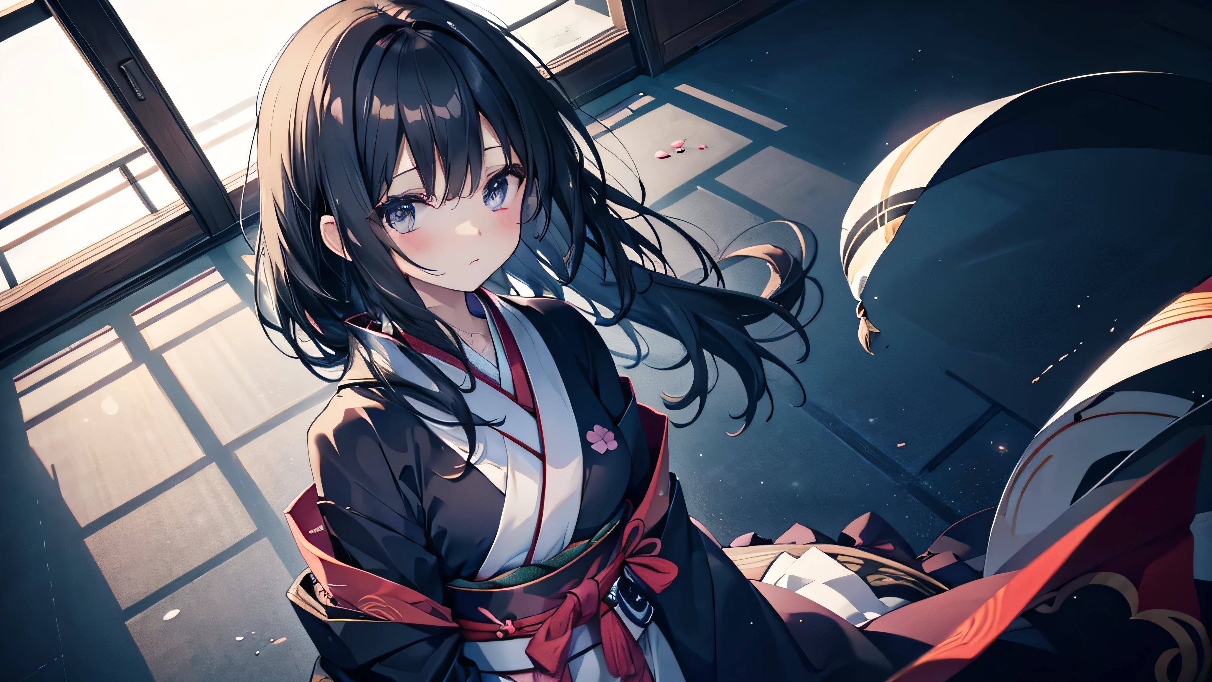 cute anime dark-haired girl、 dynamic、solo, long hair ,( angle from above, kimono, sad face)