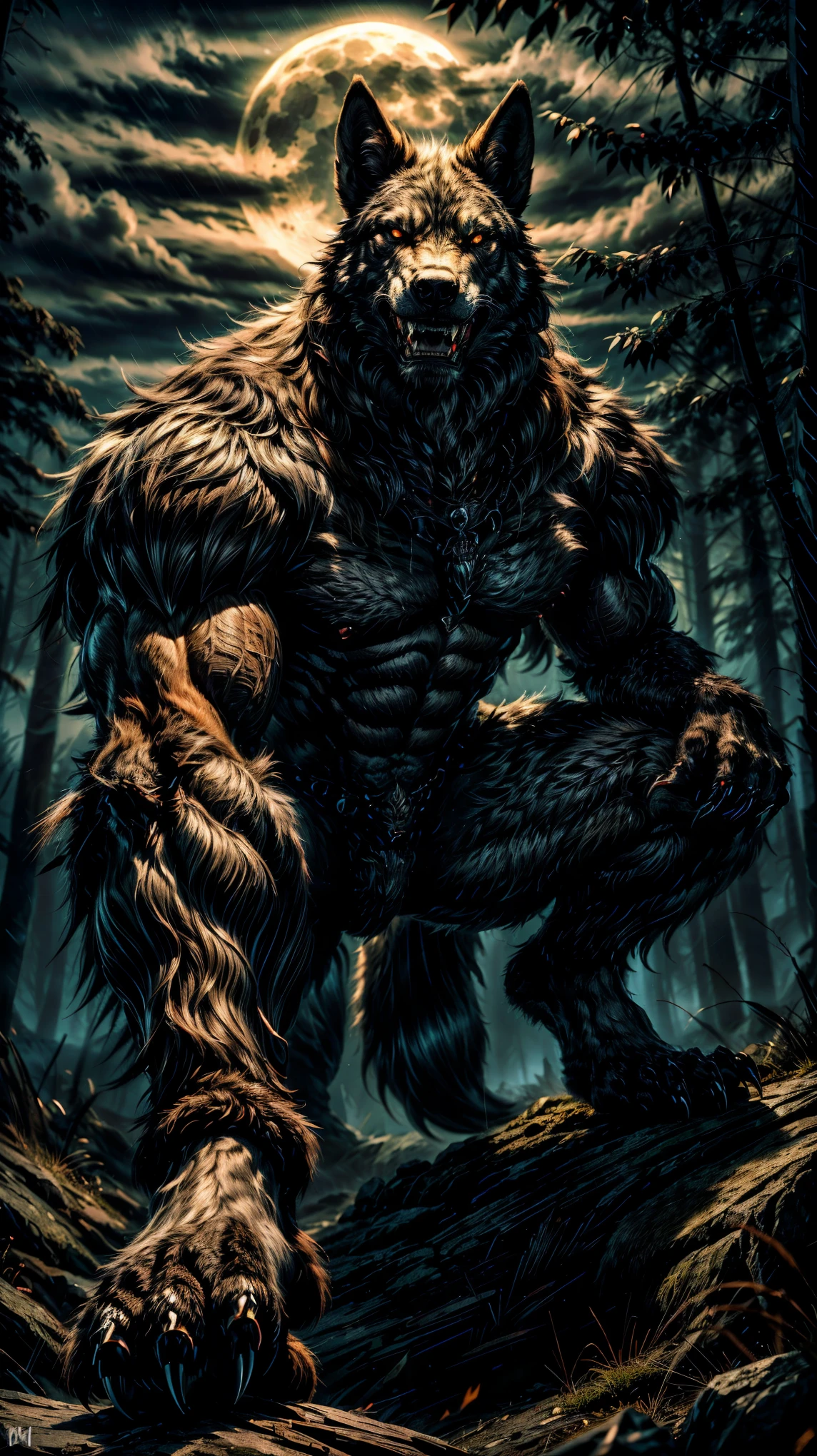 Highly detailed, realistic, cinematic. A massive, muscular black werewolf with glowing amber eyes, its sleek fur shimmering under the pale moonlight. It stands atop a rocky hill, surrounded by a dark, misty forest. Sharp claws and fangs glisten as it howls at the full moon. The powerful form exudes primal strength and menace, with shadowy tendrils of mist swirling around its feet. The scene is illuminated by soft, eerie light, emphasizing the texture of the fur and the predatory gleam in its eyes