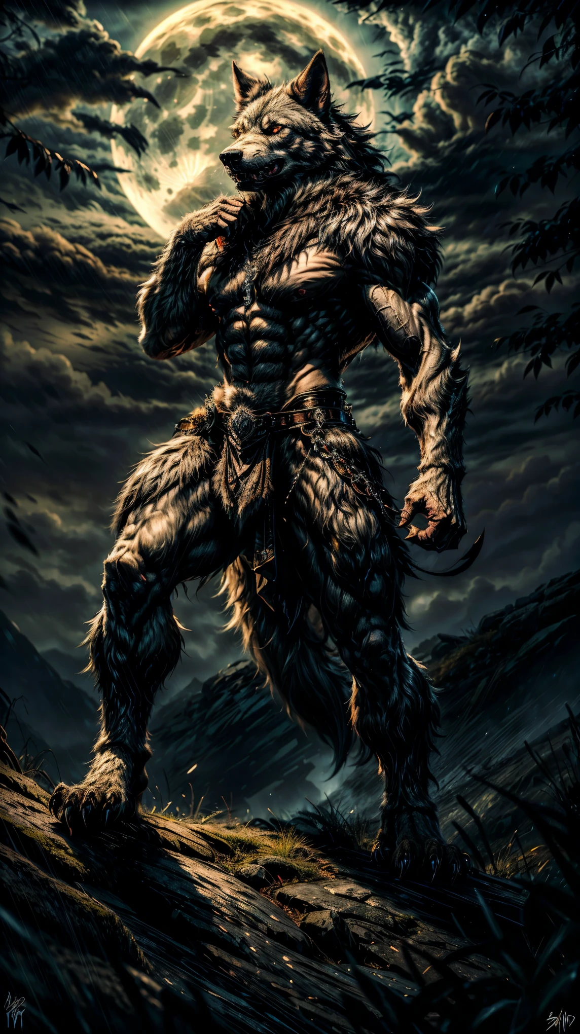 Highly detailed, realistic, cinematic. A massive, muscular black werewolf with glowing amber eyes, its sleek fur shimmering under the pale moonlight. It stands atop a rocky hill, surrounded by a dark, misty forest. Sharp claws and fangs glisten as it howls at the full moon. The powerful form exudes primal strength and menace, with shadowy tendrils of mist swirling around its feet. The scene is illuminated by soft, eerie light, emphasizing the texture of the fur and the predatory gleam in its eyes