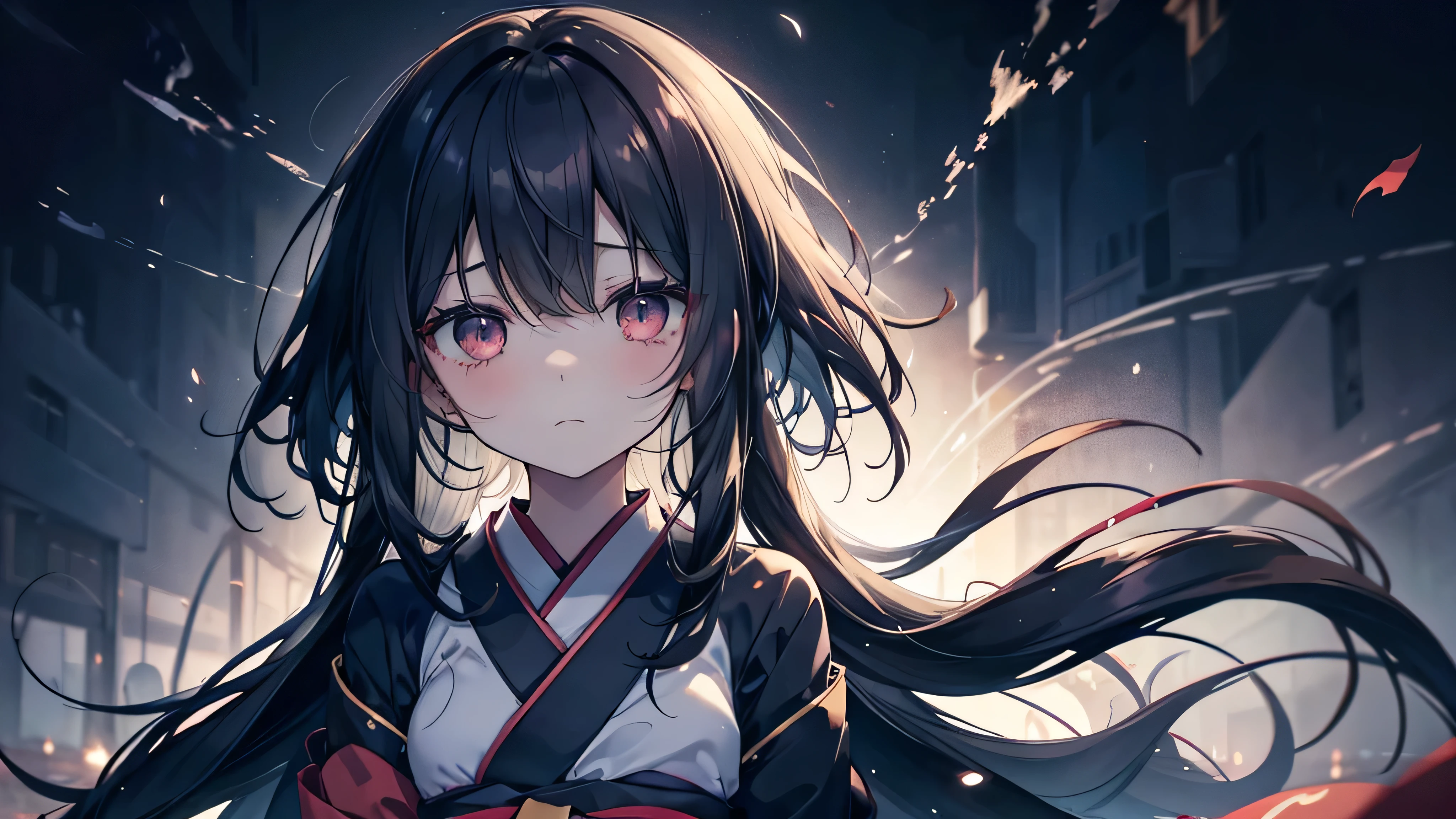 cute anime dark-haired girl、 dynamic、solo, long hair ,( kimono, sad face,despair, in a world without color with loneliness
Hiding in the shadows of the past My heart trembles )