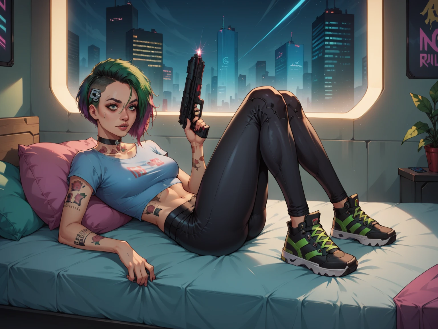 (( Judy Alvarez Cyberpunk 2077 ,  full body, abdomen smooth,  dimly illuminated surrounded by lots of holographic commercials and pulsing laser beams, Beautiful face, many technological accessories , futuristic atmosphere ,  Interacting with many holograms, short t-shirt, technological gadgets ,  Futuristic black tight pants ,  choker , ),  at night,  country accessories lie on the bed, Night light