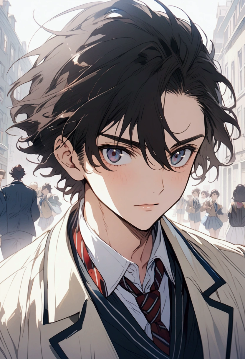 An anime man with dark hair.  dressed in a school uniform  