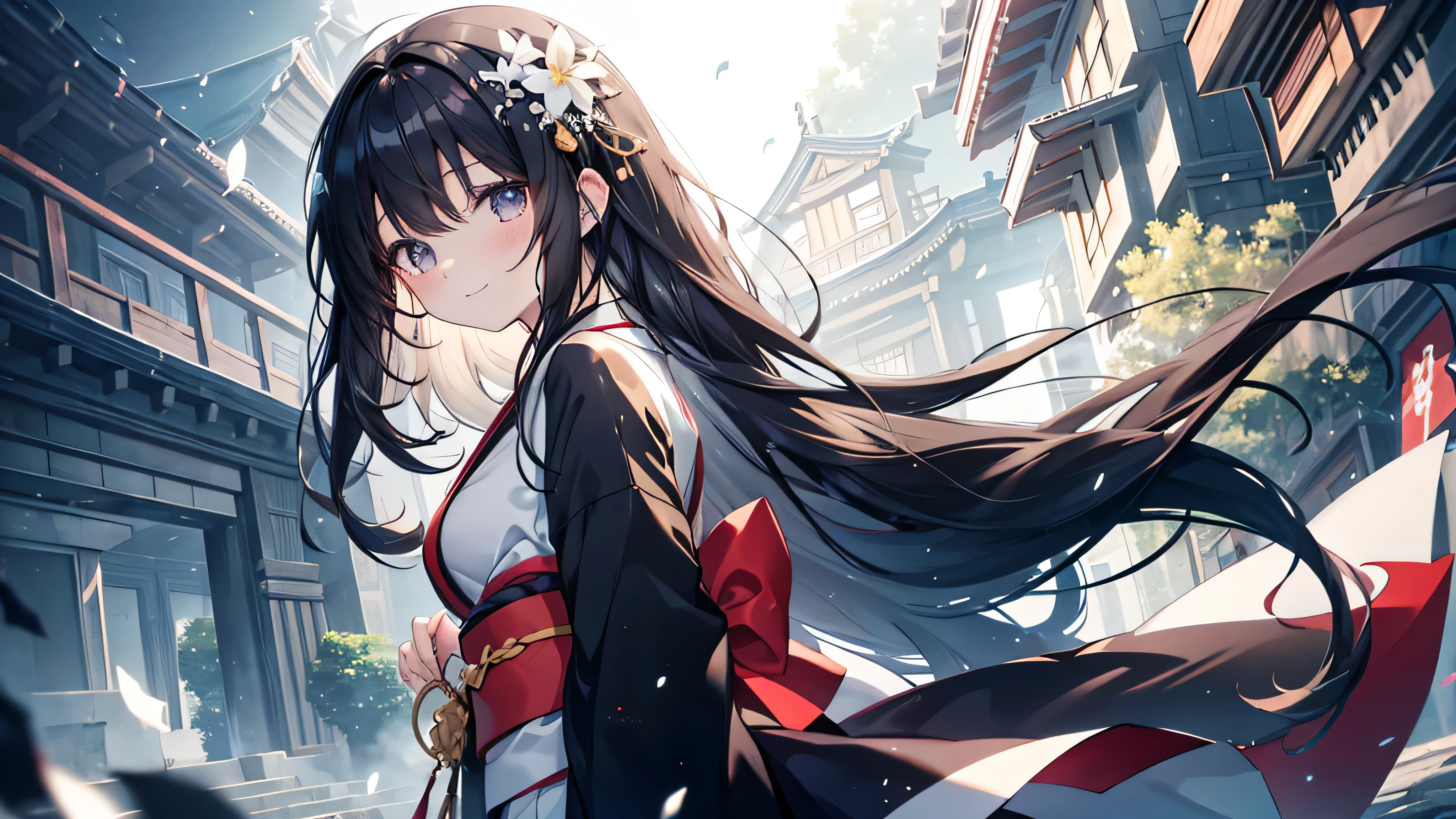  cute anime dark-haired girl、 dynamic、solo, long hair ,（ angle from below,black and white kimono , best smile,,In the morning sun 　）