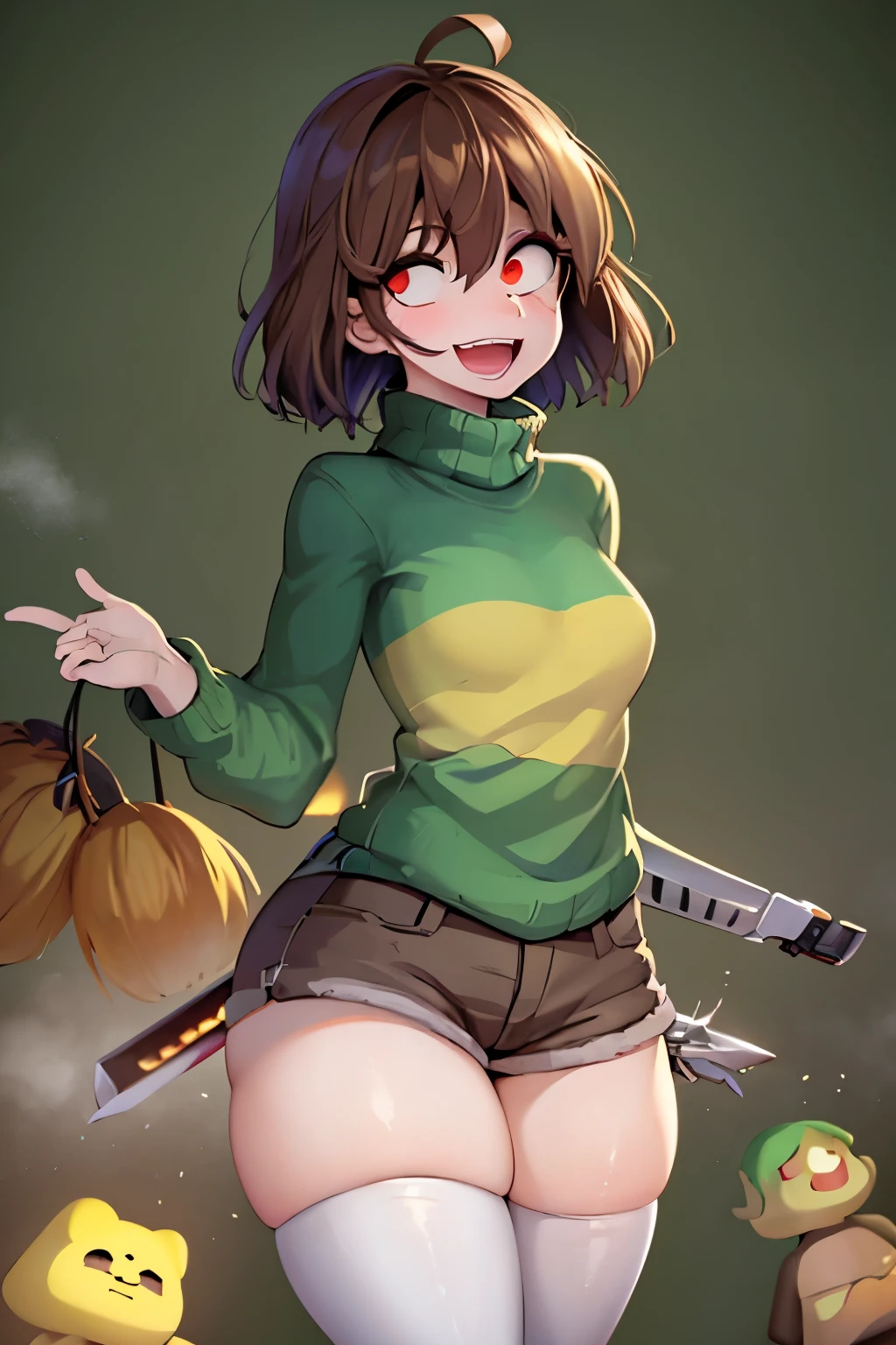 ((Best quality)), ((Masterpiece)), (Detailed), chara (/Undertale/), Brown hair, (brown shorts: 1.3), ahoge, overall shorts, Bob cut, (big eyes: 1.3), (round eyes: 1.3), :D, wide smile, Short hair, white thigh highs, (Green sweater: 1.3), Red eyes, (1girl: 1.3), (Solo: 1.3), Green striped sweater, (thick thighs: 1.4), facing camera, surprised, wide-eyed, arms outstretched:1.4, head exploding, orgasm, steam, medium breasts, cross-eyed