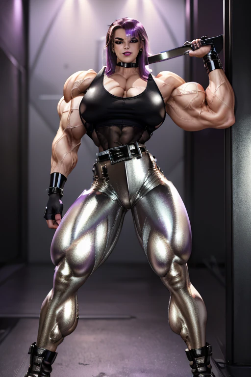 Beautiful woman wearing a cybernetic mechanical muscle suit looking at camera, (full body Latex Bodysuit:1.4), (Flat muscular pecs:1.4), (extreme muscular definition:1.25), (huge muscular arms:1.25,) (10-pack abs:1.4), (lots of veins:1.25), (thin legs:1.25), Realistic, Very detailed face and eyes, masterpiece