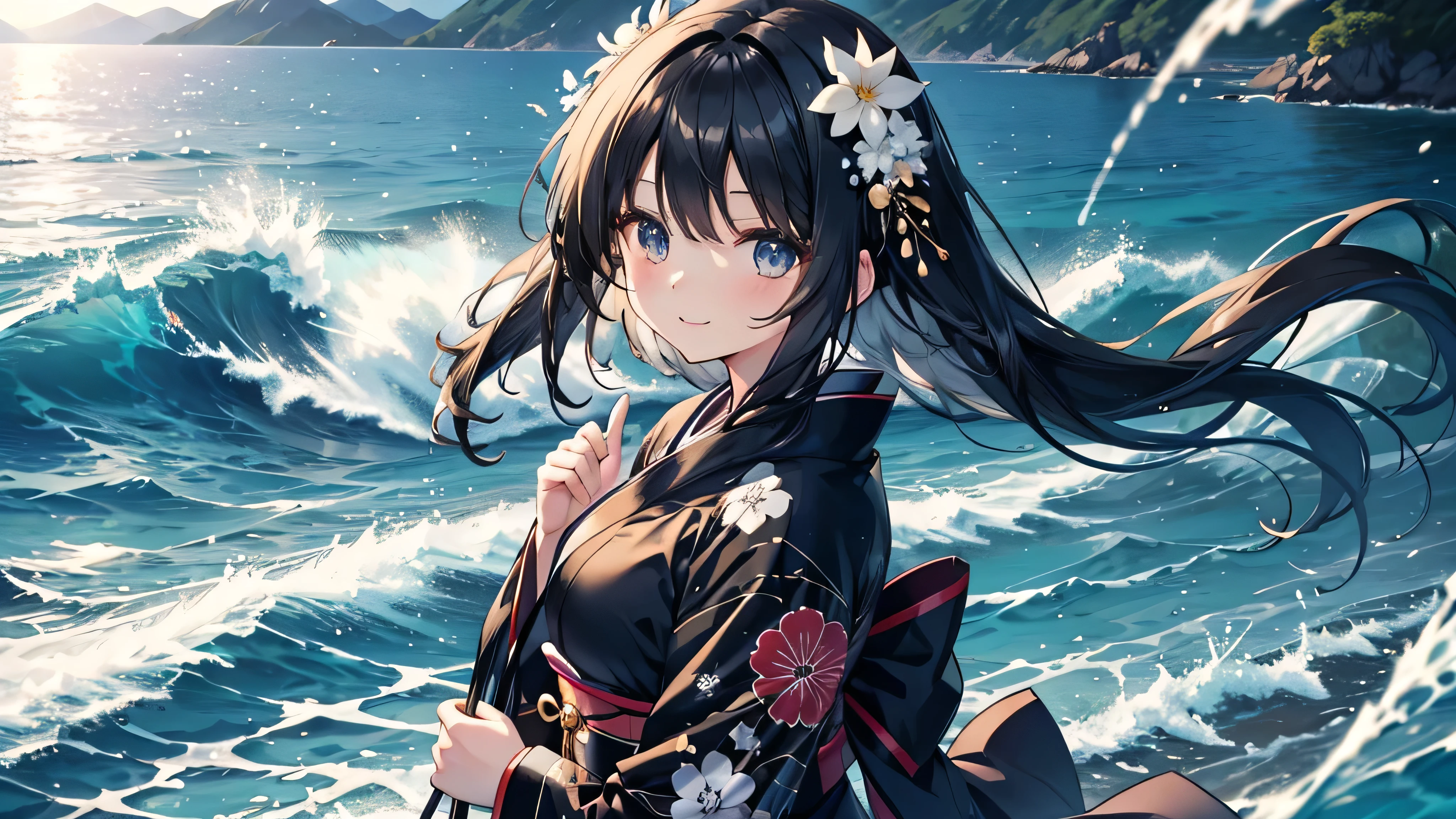 cute anime dark-haired girl 、 Dynamic 、solo, long hair,(black and white kimono , best smile,,In the morning sun ,beach )