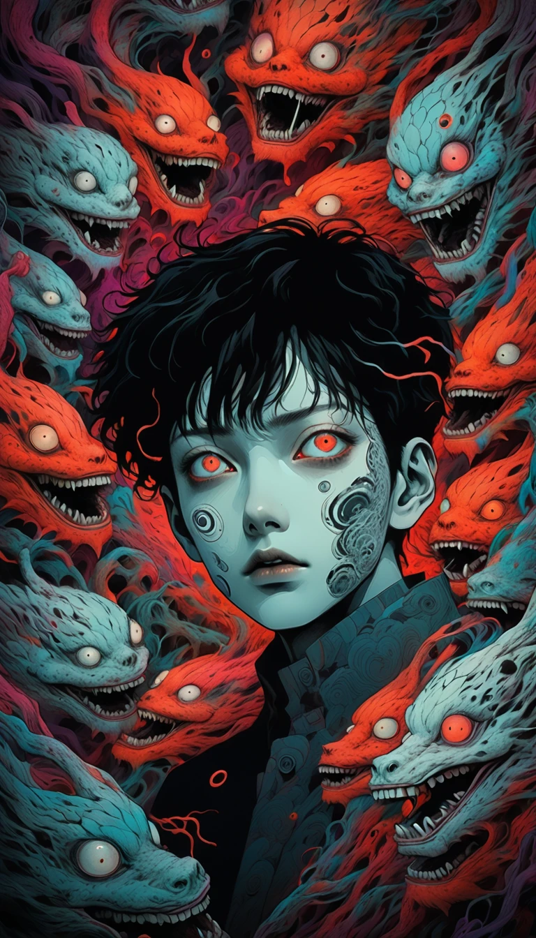 surreal horror, anime style, directed by Junji Ito, high contrast, vivid colors, eerie atmosphere, psychological tension, intricate line work, nightmarish creatures