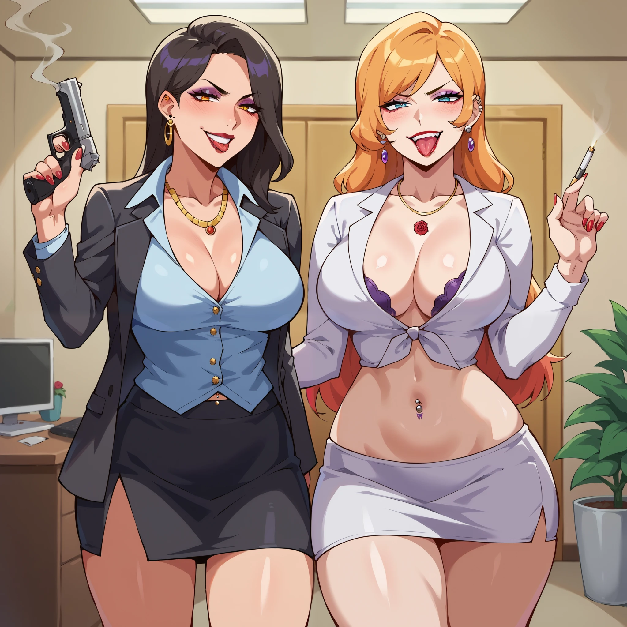 2girl, two girls, (shoujo-style), ((detailed hair, detailed eyelashes, banganhwa-scenery, blush, large breasts, long hair, , ((perfect face)), (Mature Face:1.4), (beautiful face:1.15), detailed eyeasterpiece), (highest quality), best quality, highres, 8K, extremely detailed, Digital Art, (Hyper-Detailed Background:1.2), (realistic background), (intricate details), award-winning, hyper-detailed, (illustration:1.1),
(cinematic lighting), soft lighting, lipstick, blush, Hot girls, baddie, staring, glaring, bad attitude, mean girl, dare, angry, hate, crazy, smoking, sensual, attractive, masterpiece, best quality, highly detailed,breasts,skirt,cleavage,long hair,skirt
suit,suit,formal,jewelry,necklace,micro pencil skirt,jacket,smile,makeup,looking at viewer,business suit,
lipstick,office lady,mature female,micro miniskirt,indoor,office,office lady ,smile, open mouth, (nsfw) not
safe for work, holding a gun, evil expression, exposed belly, exposed navel, exposed midriff, exposed
lower belly , holding pistol, lipstick