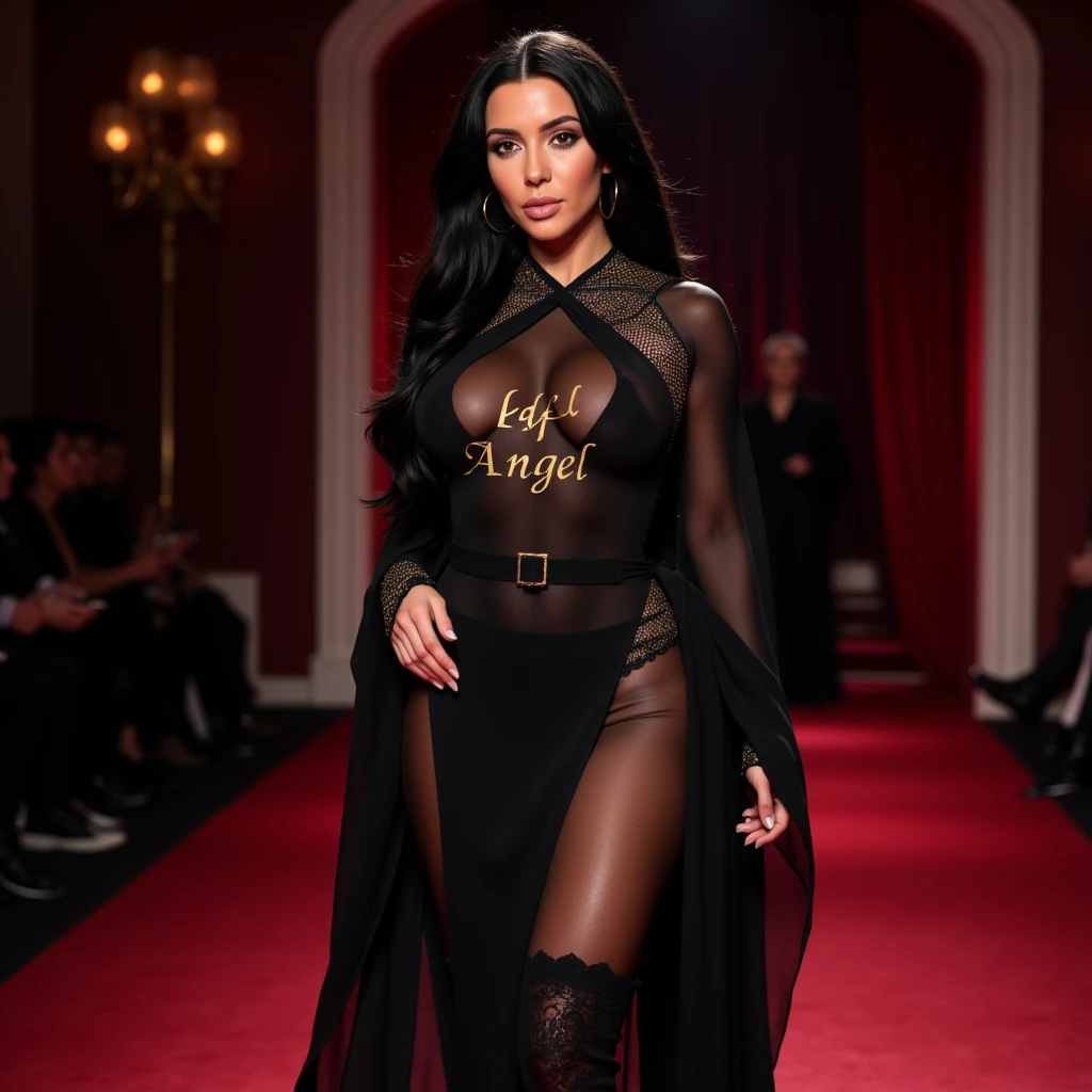 (beautiful (Kim Kardashian as Elvira) with glossy black hair, busty and big booty flaunts curves in (skin-tight full body (Arabic abaya (see-through spandex) curtain dress with the words "Angel" in gold letters) and ((black pantyhose)) with long lace scarf as cloak, suede boots, gold belt), raw photo, realistic, fashion show, attractive elegant sexy, ((non-nude))