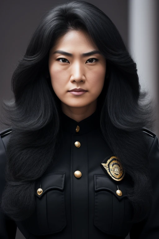 jet black hair,most very long hair,most very lion hair,most very wolf hair,most very frizzy hair,coarse hair,most very spread hairstyle,thick hair,fluffy hair,most very heavy weight hair,hair covering left eye,heavy looking hairstyle,most very voluminous hair,shiny jet black hair,female jail officer,black uniform,a heavy-looking uniform,black pants,tall woman,1 Japanese woman,woman's height 2.2m,most very strong face,most very angry face,black eyes,very close-up to face,most very muscle body,most very beautiful face,show more hair,high resolution,white background