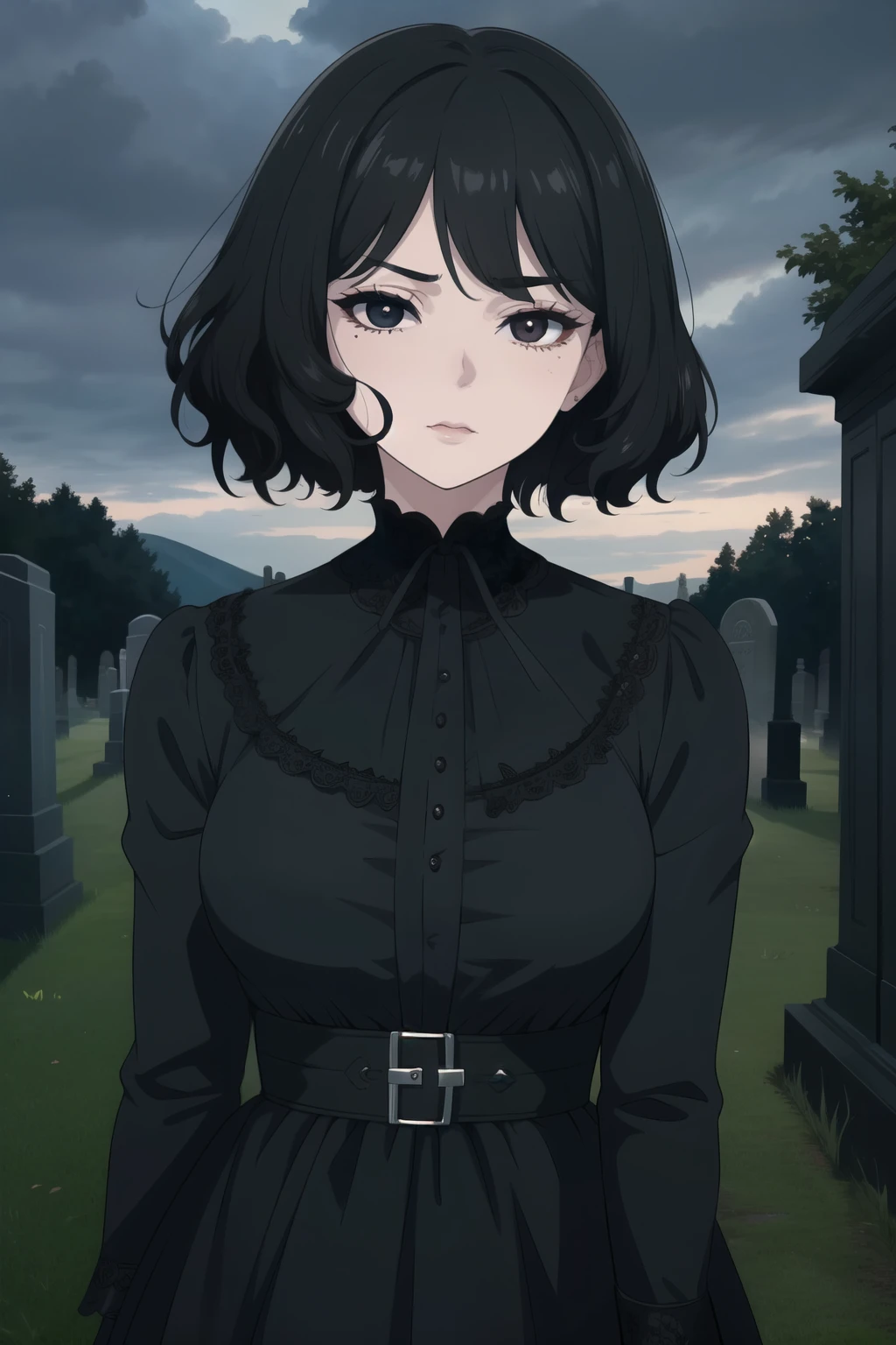 Susie,short hair,bags under eyes,pale skin,wavy mouth,black eyeliner,black eyes,(right eye half closed,left eye open),
black dress,long sleeves,wrist cuffs,black hair ribbon,
standing,upper body,
cemetery,night,cloudy,
(insanely detailed, beautiful detailed face, masterpiece, best quality),solo,