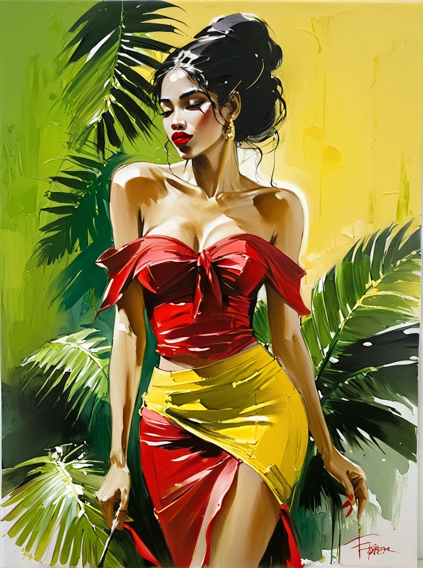 Very authentic painting by (Fabian Perez:1.3) , (Henry Asencio:1.2), (Alessandro Barbucci:1.1) Create an artwork featuring a  glamorous, beautiful,_very_attractive,_sexy_Guadeloupe woman in a tropical setting. She has  bold red lips, and wears a stylish, off-the-shoulder yellow top paired with a high-waisted red skirt. She stands gracefully among lush green palm leaves, exuding confidence and allure. The background is bright and vibrant, showcasing a sunny day. The artwork should capture a blend of elegance and tropical flair... . on dark background, light leaks, The painting is done with loose brushstrokes and vibrant rich imperial colors. The overall mood of the painting is provocative, sensual and intimate, confident posture, 