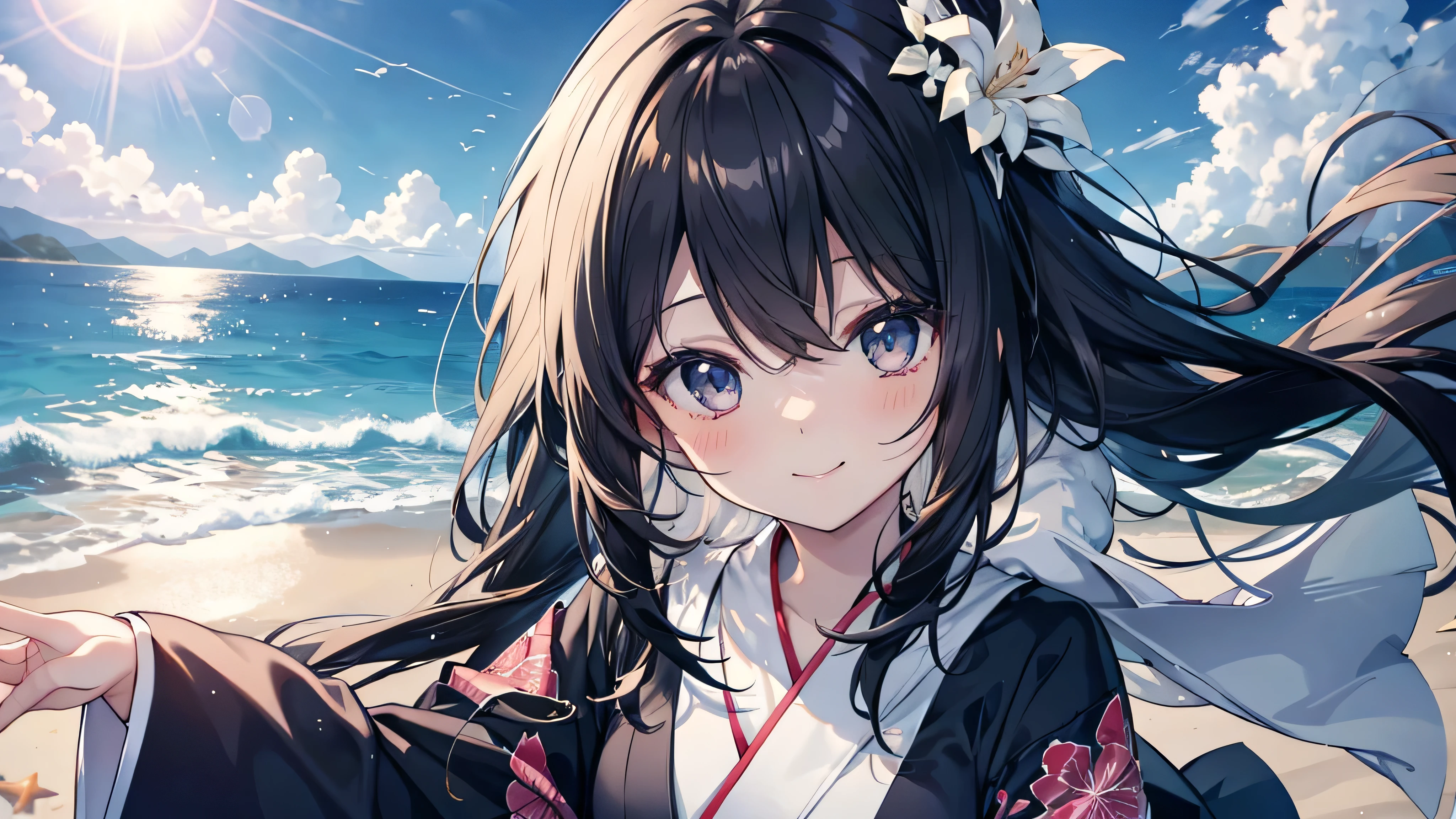 cute anime dark-haired girl 、 Dynamic 、solo, long hair,(black and white kimono , best smile,,In the morning sun ,beach )