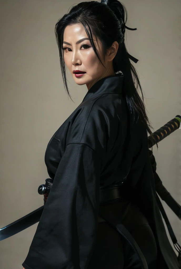 cinematic scene of a hot 40 years old japanese matured milf gorgeous glowing oily face skinned, wearing black ninja uniform and katana on her back, Hyperrealistic, fantasy art, Photorealistic image, dynamic lighting, Artstation, poster, volumetric illumination, 4 K, awarded,