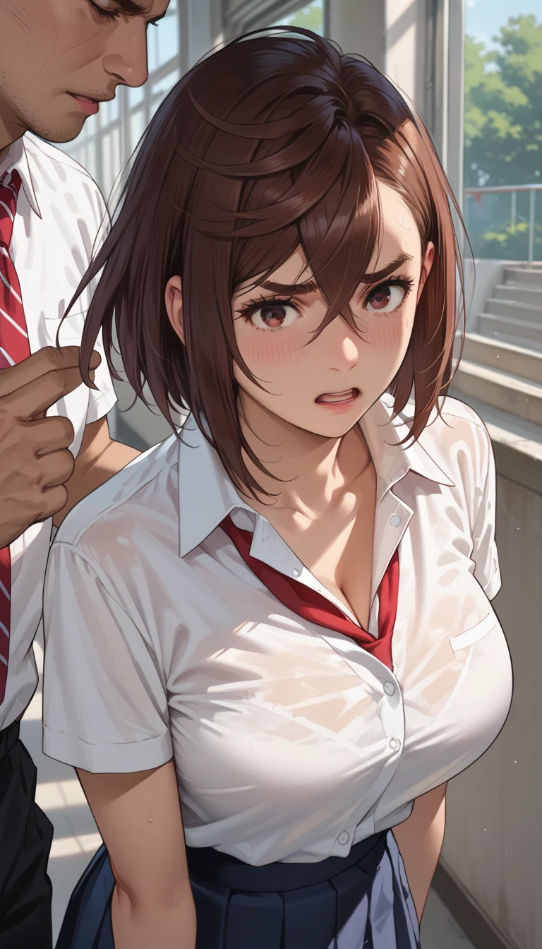 rape、momo ayase, short hair, brown hair, brown eyes, bangs, thick eyebrows, large breasts, School uniform, 