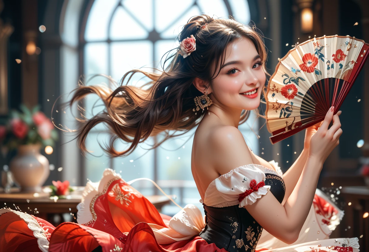  face close-up  , detailed  ,A Western woman in a black and red seven-layer skirt holding a fan, looking sensual at night , in a romantic Spanish dance b woman dancing happy