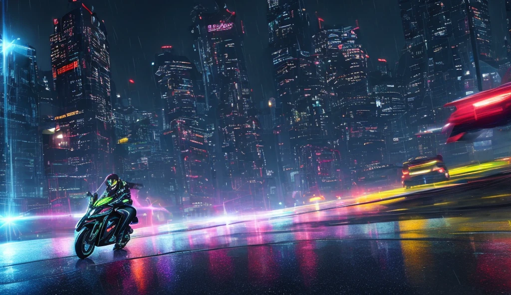 A cinematic, hyper-realistic scene of Trinity from The Matrix, a woman with short black hair, riding a sleek, black futuristic motorcycle at high speed on a wet road in a dystopian urban landscape. The scene is viewed from a low, dynamic angle near the rain-soaked pavement, with vibrant green neon reflections shimmering across the surface. Her jet-black hair is slicked back, with strands flowing backward, emphasizing the intense speed. She wears a tight, shiny black latex catsuit, and a long leather coat that flares out dramatically behind her, whipped by the wind, the wet edges creating tight folds that highlight the speed. Behind her black sunglasses, her piercing eyes lock onto the viewer with laser intensity, creating an intense connection, while her serious expression radiates unwavering confidence. The powerful headlights of the motorcycle cut through the dark, rainy night, casting sharp beams of light that slice through the splashing water. The wet road behind her shows tire tracks that quickly vanish, and a whirlwind of water is kicked up, with dynamic splashes refracting the light from the bike’s headlights. Green digital trails and fragmented particles dissolve into the air, amplifying the sensation of extreme motion. The blurred asphalt beneath her reinforces the speed, while chaotic rain droplets form brief halos around her, refracting the neon light. Towering skyscrapers glisten with holographic Matrix code cascading down their surfaces, glowing from the rain. Sparks from a malfunctioning drone in the distance burst into glowing embers, blending into the glitchy, surreal atmosphere. The sense of motion is heightened by trails of water spiraling behind her bike. The city’s dystopian aesthetic comes alive with complex textures, from the wet roads to the flickering holograms displaying distorted messages. Hyper-realistic motion effects, vivid light contrasts, detailed textures, and an emphasis on speed complete the scene