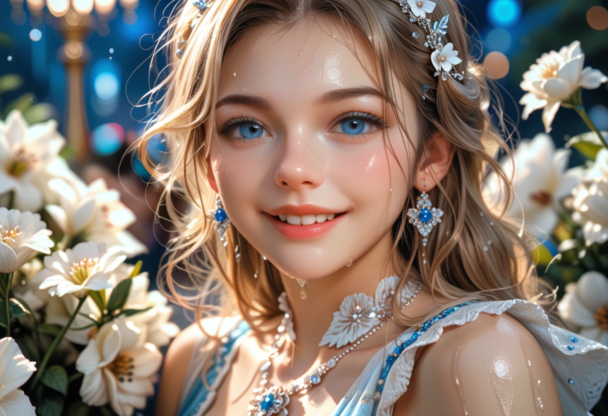  face close-up  , detailed  .  exy Woman from Russia in white blue seven-layer skirt ,  decorated with white flowers  , looking sensual at night , in a romantic Spanish dance b woman dancing happy. .  vivid wet colors 
