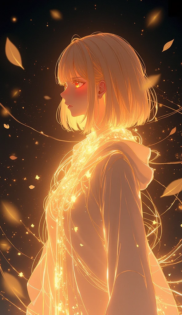   Anime 2d art  .
 in profile  , girls red eyes,   raised her head ,  The red-eyed  , wine red eyes, scarlet eyes,  Blonde woman with bob haircut , Dark red eyes glow deep red inside , straight golden hair cut under the square,golden shiny hair,  white oversized hoodie  ,  white high boots  .
  Glowing silver threads stretch out of the air  ,   glowing silver threads touch the girl's body and face in the dark.   Many thin silver threads ,  glowing white magic light ,  flickering in the air and reaching for her cheeks , eyes, hair,  arms and body  . Magical lines glowing with silver light reach out to the girl . 
  The woman's body is surrounded lots of golden lights and golden sparks,   Many golden sparks and light rise up  ,  Brilliant gold dust hangs in the air around the girl  .
slightly closed my eyes ,   Red pupils glow under the lashes  ,   seductive , close,  The body is surrounded by golden sparks and light  . 
magic lines, darkness, darkness,   lots of little yellow and gold sparks and lights around ,  in the air are golden pollen ,  turned around ,  The square flutters in the wind  , red eyes show a subtle reflection of golden sparks.
  Anime 2d art  .   Hyperdetail ,  high quality ,4K,line,  soft ink pattern on office paper  ,   set of details   ,    sophisticated anime art    ,    fascinatingly beautiful    ,     close-up of high-definition    ,  very detailed  ,  retina ,     ultra high resolution  , tears, lines of movement,        ray tracing       ,     divine luchi 1girl, invert color ,glow line, invert outline,glow,shine,