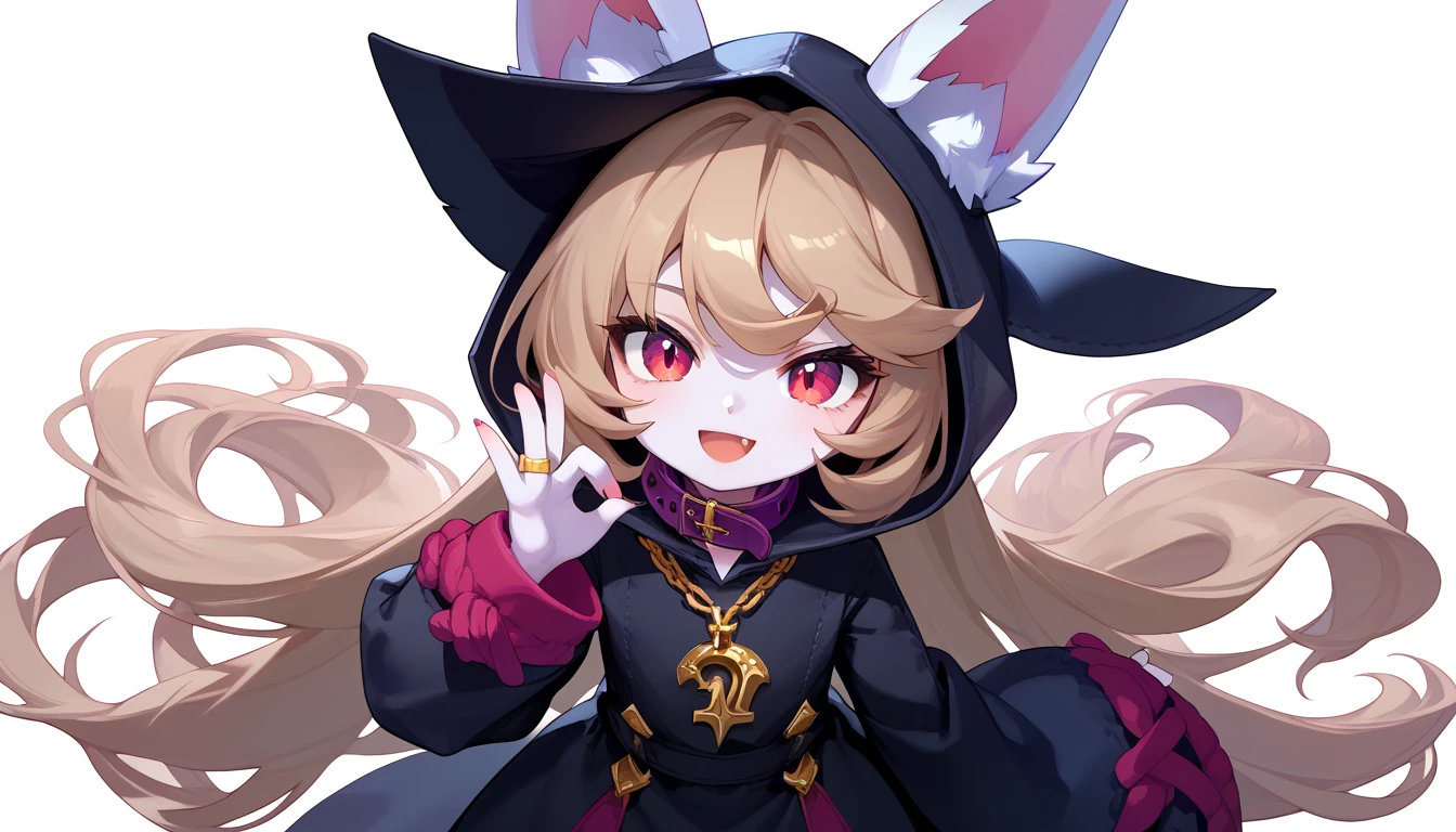 (masterpiece:1.3), (best quality:1.3), (very detailed), (anime style:0.1), game cg, anime coloring,((simple white background)),VexLoLXL,big eyes,yordle,shortstack,red eyes,((light brown hair,bangs,long hair)),shiny_skin,white_skin,white skin,black hood,hood up,ears through headwear,white animal ears,black shirt,purple collar,gold pendant top,long sleeves,black dress,long dress,bare hands,((solo)), 1girl,smile,((cowboy shot,looking at viewer)), open mouth, ((Hand, gesture, number three, fingers, index, middle, ring, thumb, pinky, natural, relaxed, shading, simple, transparent, focus.)),ok sign