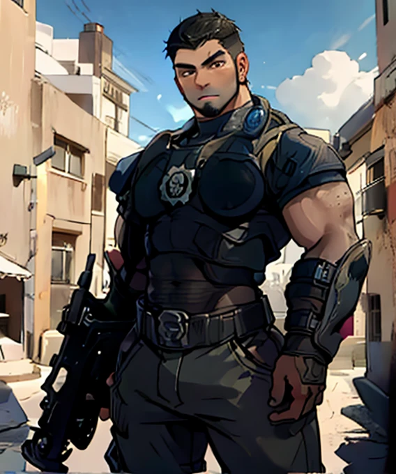 dominic_ Santiago , looking at the spectator,  muscle shirt,  short hair,  dark skin, (beard:1.1), plump, Standing, field, sunny, Day time, armor,  long pants ,  holding a gun 