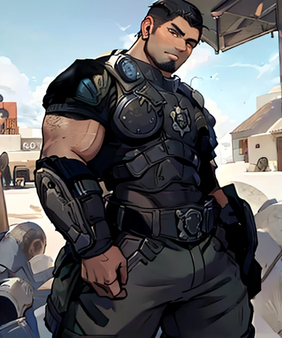 dominic_ Santiago , looking at the spectator,  muscle shirt,  short hair,  dark skin, (beard:1.1), plump, Standing, field, sunny, Day time, armor,  long pants ,  holding a gun 