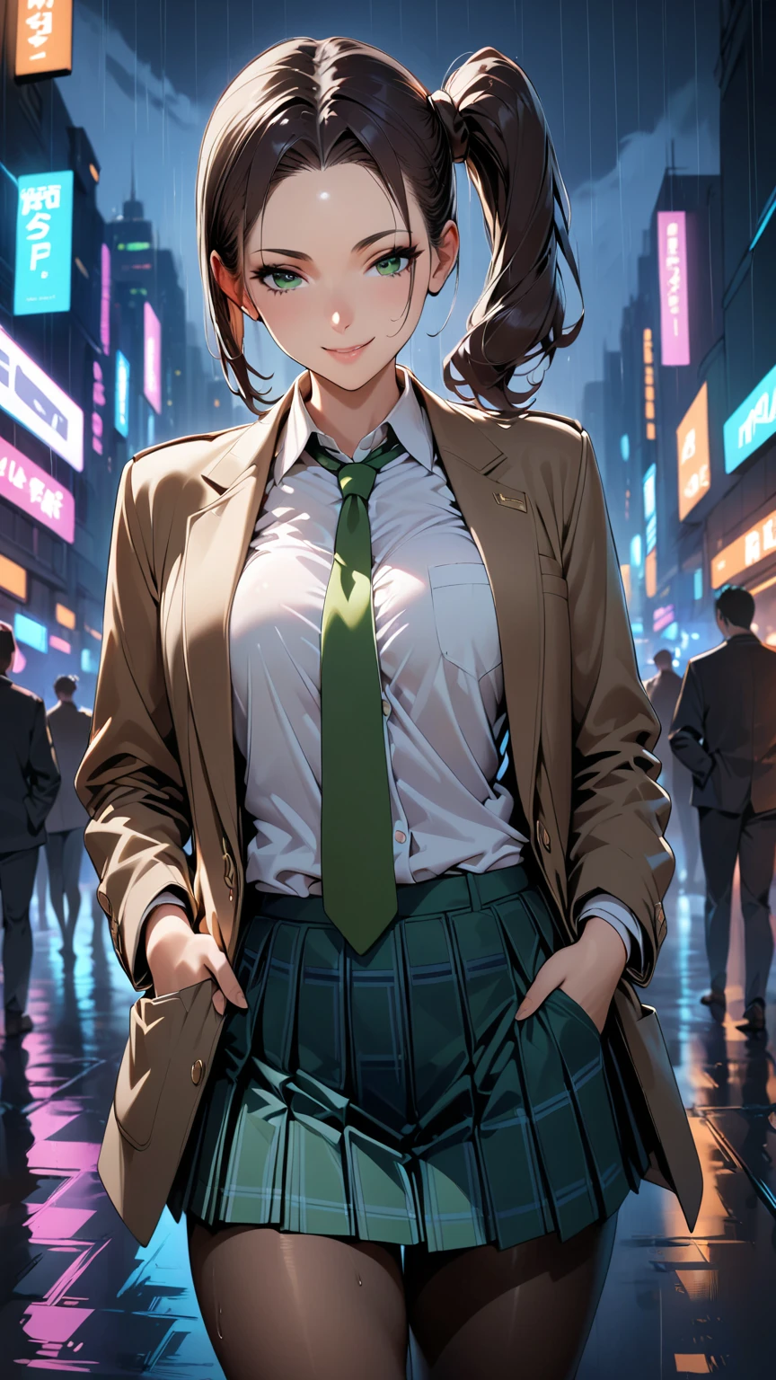 masterpiece, best quality, very aesthetic, semi-realistic anime, Sharp Focus, high contrast, 1girl, detailed green eyes, half opened mouth, smile, dark brown silky hair, (hair pulled back), side ponytail, contrapposto, Captivating thighs, uniform, brown blazers, (hads in pocket, unbutton), Green tie, Plaid Pleated Skirt, black tights, rainy cyber city, at night