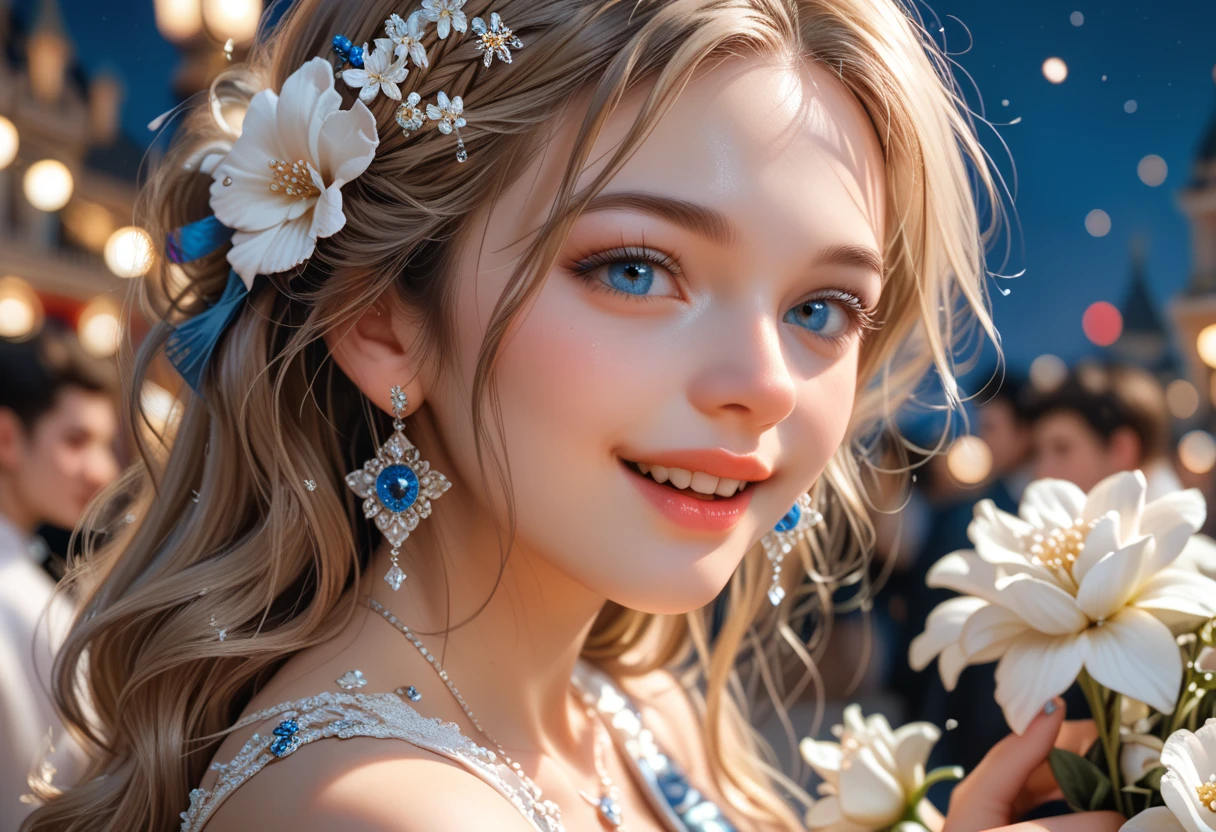  face close-up  , detailed  .  exy Woman from Russia in white blue seven-layer skirt ,  decorated with white flowers  , looking sensual at night , in a romantic Spanish dance b woman dancing happy