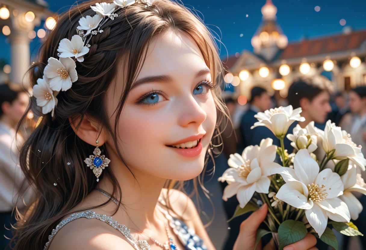  face close-up  , detailed  .  exy Woman from Russia in white blue seven-layer skirt ,  decorated with white flowers  , looking sensual at night , in a romantic Spanish dance b woman dancing happy