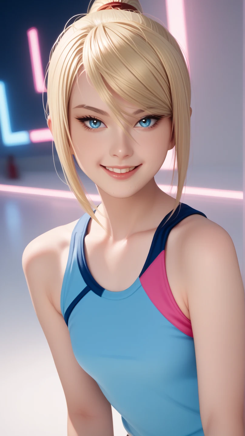 score_9_up, score_8_up, score_7_up, score_6_up, 1girl, adult woman samus aran, smiling with sexy look, short shaggy hair, Flat-chested tomboyTomboyish, tomboy, naked shoulders, sport top, looking at viewer, blue eyes, pastel neon lighting, source_anime, pastel colors