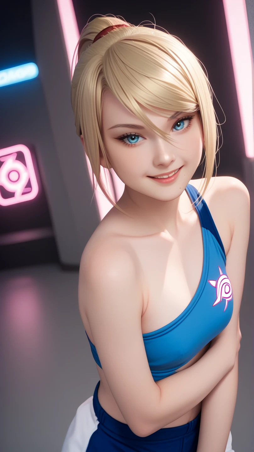 score_9_up, score_8_up, score_7_up, score_6_up, 1girl, adult woman samus aran, smiling with sexy look, short shaggy hair, Flat-chested tomboyTomboyish, tomboy, naked shoulders, sport top, looking at viewer, blue eyes, pastel neon lighting, source_anime, pastel colors