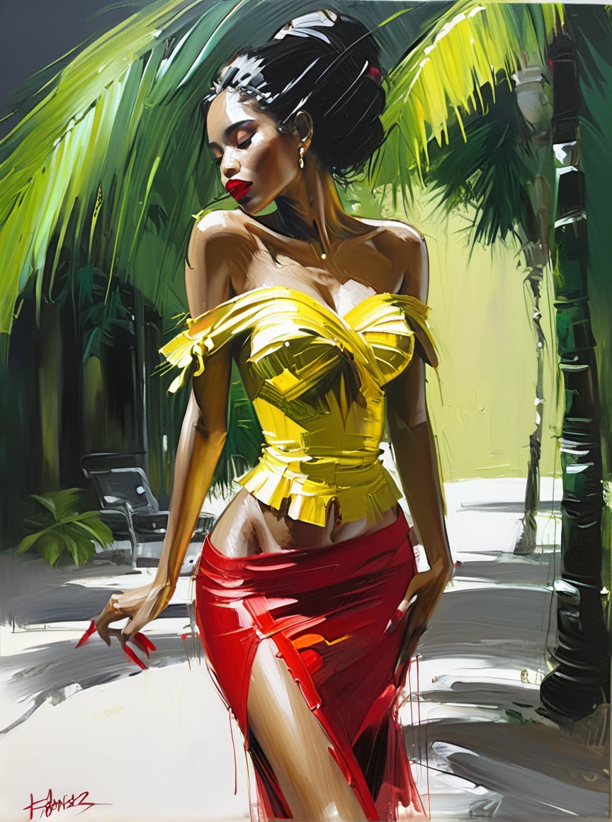 Very authentic painting by (Fabian Perez:1.3) , (Henry Asencio:1.2), (Alessandro Barbucci:1.1) Create an artwork featuring a  glamorous, beautiful,_very_attractive,_sexy_Guadeloupe woman in a tropical setting. She has  bold red lips, and wears a stylish, off-the-shoulder yellow top paired with a high-waisted red skirt. She stands gracefully among lush green palm leaves, exuding confidence and allure. The background is bright and vibrant, showcasing a sunny day. The artwork should capture a blend of elegance and tropical flair... . on dark background, light leaks, The painting is done with loose brushstrokes and vibrant rich imperial colors. The overall mood of the painting is provocative, sensual and intimate, confident posture, 