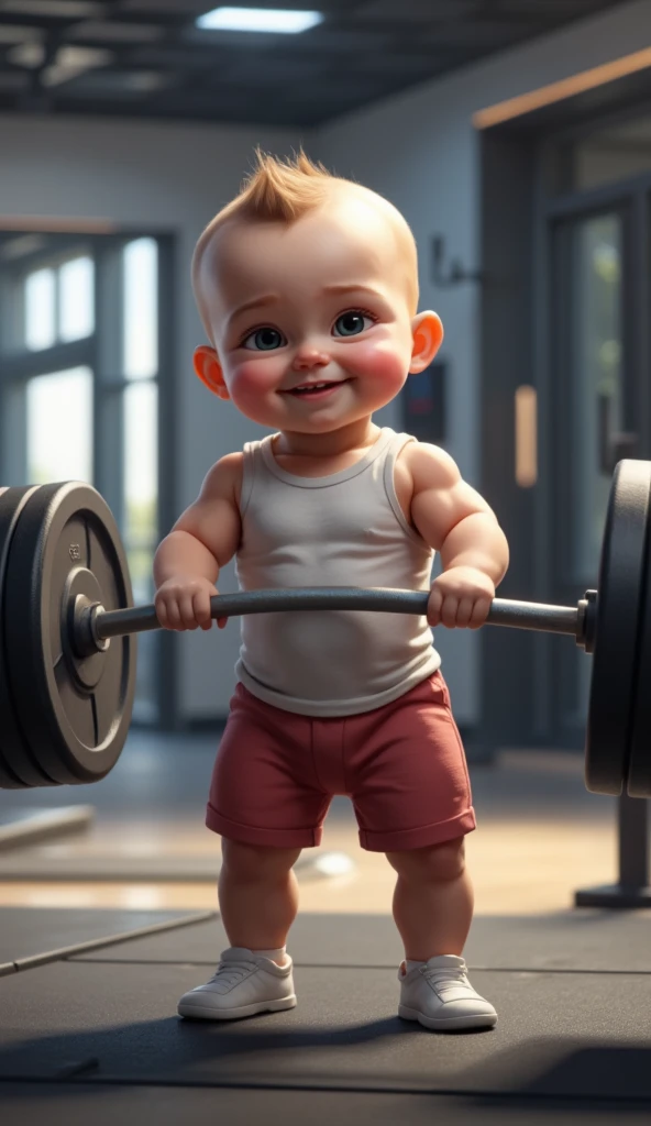 A realistic 3-month-old ,wearing a tank top and holding a weight bar with light discs .  baby with a confident smile in a stylized gym environment.