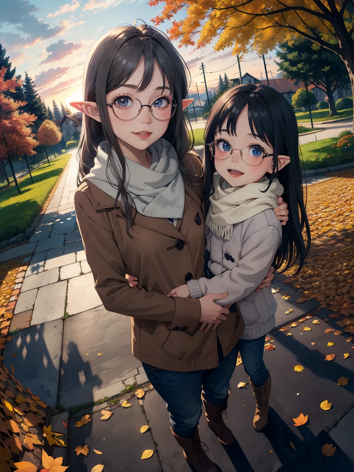   Masterpiece ，   best quality， High image quality，(  super flat ，  flat shading  )，Elf， young  girl，Glasses， beautiful gray hair，  fisheye lens， short，   ddler figures  ，Beautiful young mother and adorable daughter，  warm scarf，(naked)， long hair，  boots，smile, smile，White Breath，fun, play，Autumn park garden，beautiful autumn leaves ， Clear autumn sky  ，dusk， Beautiful Sunsets ，Wide angle，  bright color，watercolor,  Ghibli style，Strong winds，  Girl Temptation，
   girl&#39;Lure，