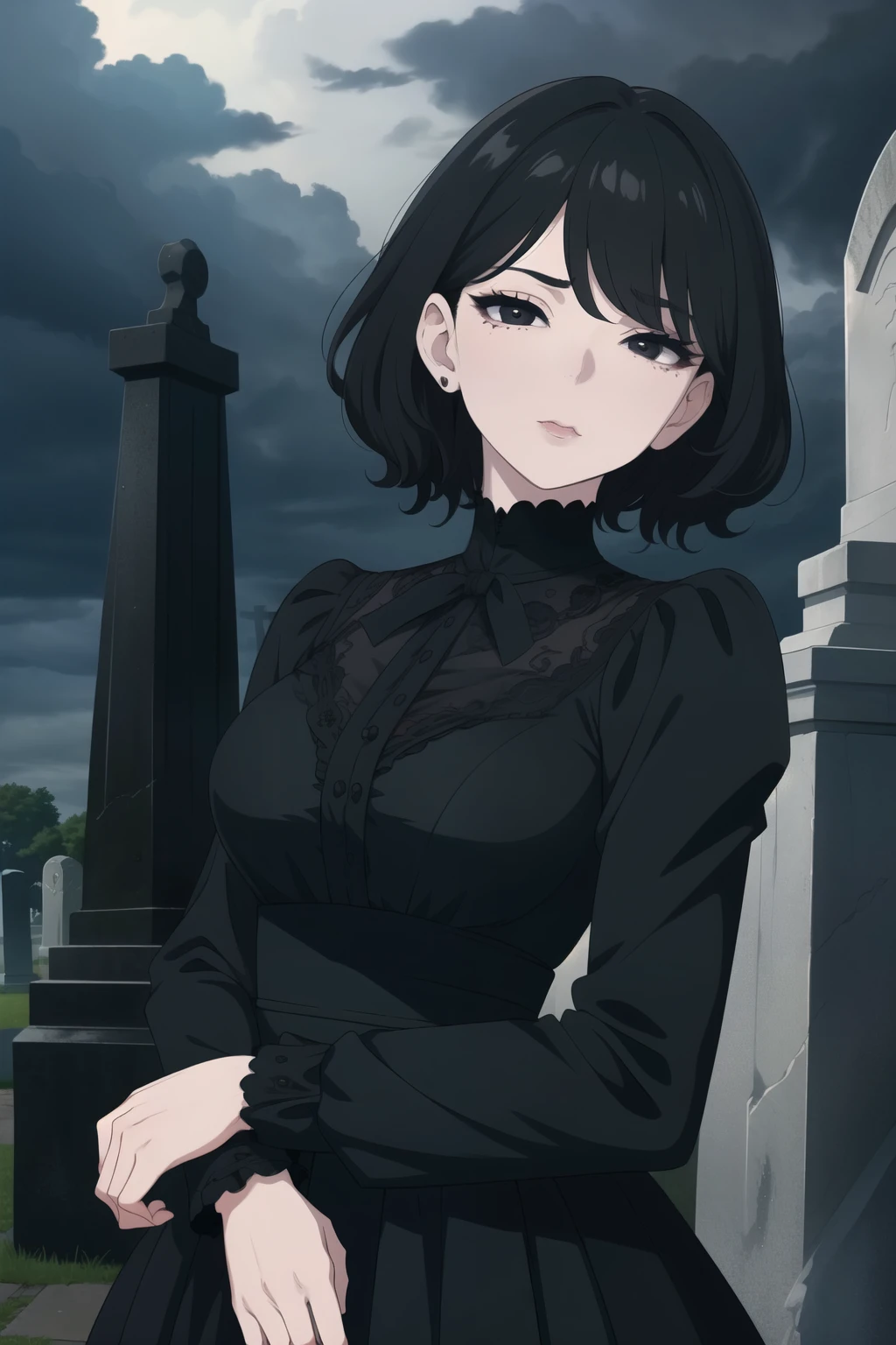 Susie,short hair,bags under eyes,pale skin,wavy mouth,black eyeliner,black eyes,(right eye half closed,left eye open),
black dress,long sleeves,wrist cuffs,black hair ribbon,
standing,upper body,
cemetery,night,cloudy,
(insanely detailed, beautiful detailed face, masterpiece, best quality),solo,