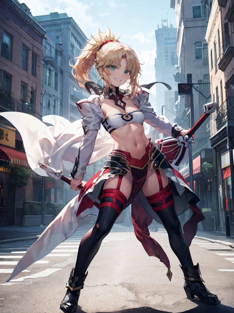 best quality, integrated scenery, integrated background, extremely delicate and beautiful, meticulous details, good composition, cute face, perfect face, perfect hands ,Masterpiece, Best Quality, illustration, city street, 1girl, Mordred \(fate\), collarbone, Detailed blond hair ponytail braid, green eyes,, White tubetop ,pelvic_curtain,navel,thigh-high,grin,(covered_nipples:0.6),skiny,big_smile,solo,boots,thigh-highs,groin,1long_sword,grab_the_loog_sword_hilt,fighting_pose, carry_the_long_sword_on_girl_shoulder