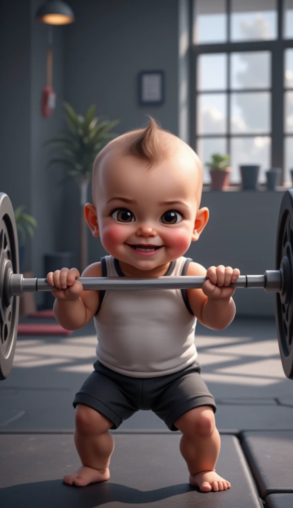 A realistic 3-month-old ,wearing a tank top and holding a weight bar with light discs .  baby with a confident smile in a stylized gym environment.