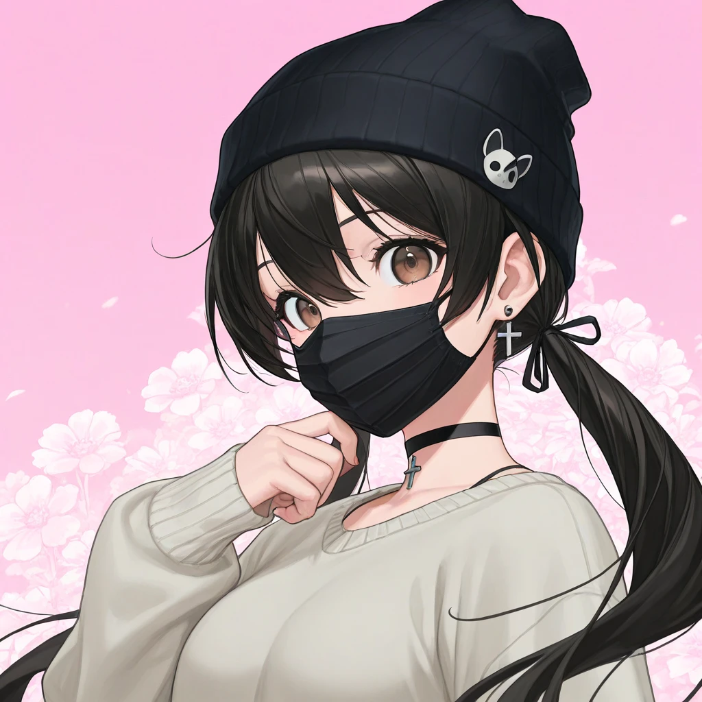 masterpiece, best quality, amazing quality, very aesthetic, absurdres, newest,scenery, anime screencap, anime coloring, BREAK 

1 Girl 、Different costumes、Beanie、黒い choker、 black hair、黒いhat、黒い sweater、ribbon、 Brown Eyes 、button、 choker、襟付き shirt、Covered Mouth、cross、crossの earrings for a woman alone、 earrings for a woman alone、Floral background、 hair between eyes、hat、hatのribbon、 jewelry、 long hair、 looking at the viewer 、 mask 、口の mask 、 pink background、 portrait、 Prototype Design 、赤いribbon、 shirt、 side lock、solo、spike付き耳ピアス、spike、スタッズ付き choker、 sweater、 twin tails、白い shirt


 BREAK masterpiece, best quality, amazing quality, very aesthetic, absurdres, newest,scenery,
