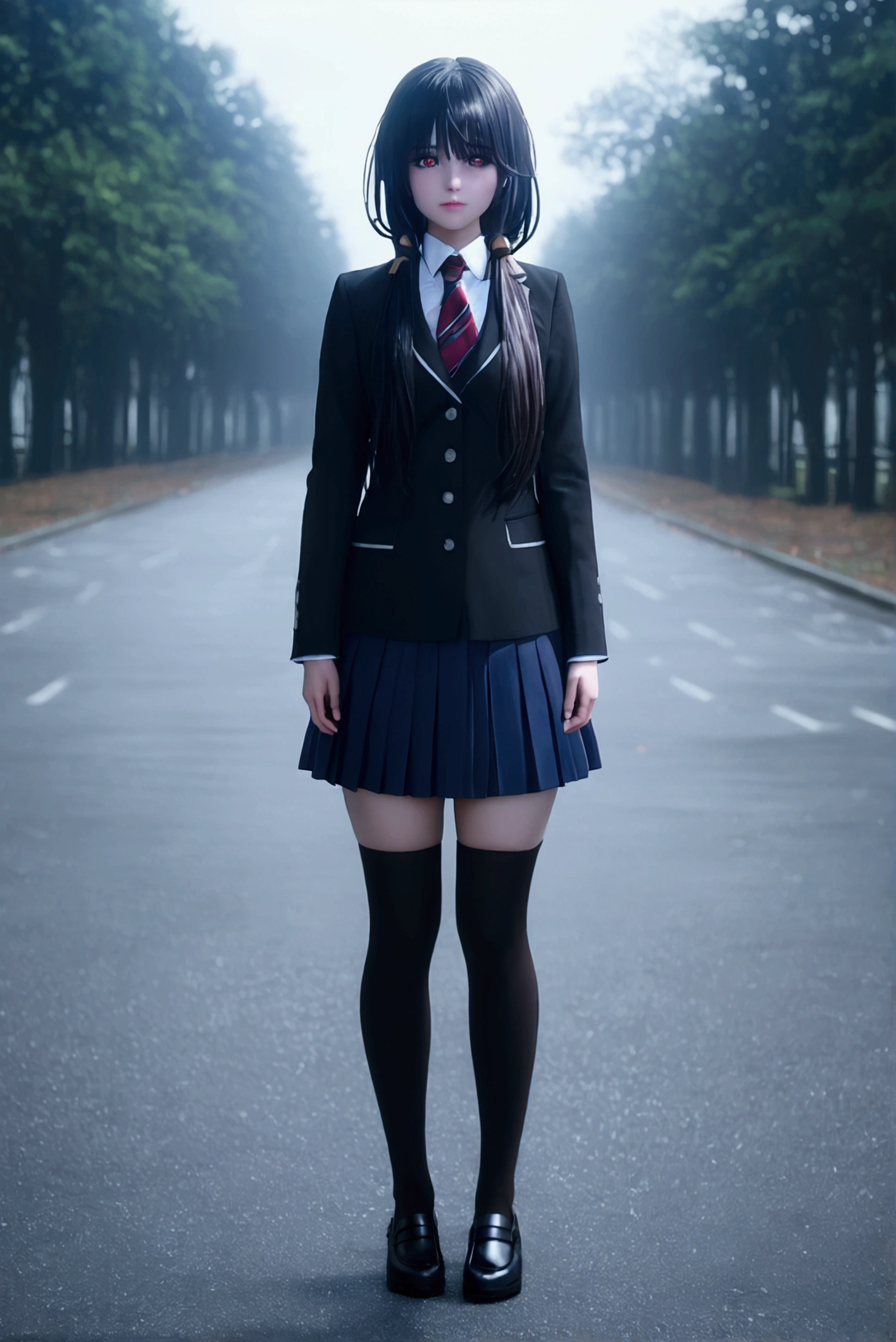 bmasterpiece、top-quality、hight resolution)、 Real life adaption for this character, Masterpiece, high quality, best lighting, cinematic, 1girl, tokisaki kurumi, black hair, low twintails, heterochromia, ((right eye red, left eye yellow)), (school uniform), (perfect body), full body, (((big thigh))), looking at viewer, standing, outdoors