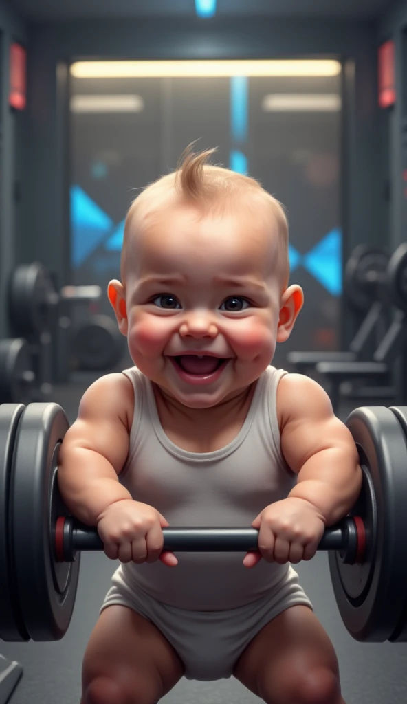 A realistic 3-month-old ,wearing a tank top and holding a weight bar with light discs .  baby with a confident smile in a stylized gym environment.