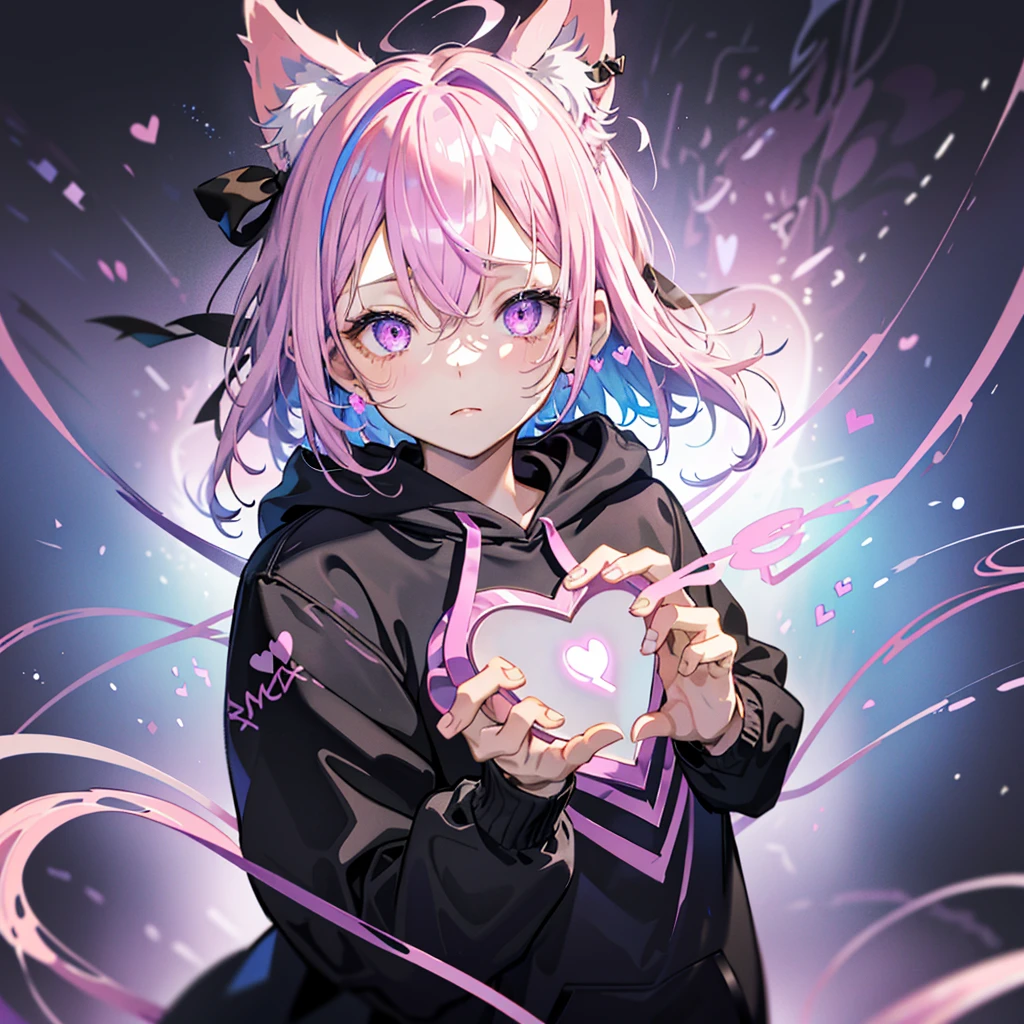 1girl,  pink and light blue ((streaked hair)), highlights hair, masterpiece, purple eye,  ((((background、Shining Heart　Make a heart　Front))))　((( black hoodie、 Hooded 　Cat ears　 shorthair )))　(( Shiny Earrings 　Small black ribbon))　Shining Edges　輝くbackground