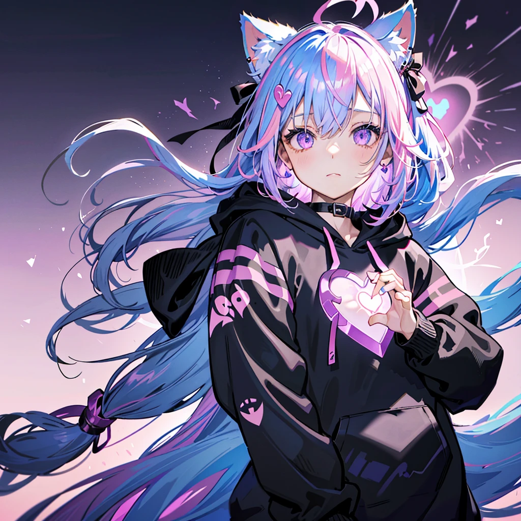 1girl,  pink and light blue ((streaked hair)), highlights hair, masterpiece, purple eye,  ((((background、Shining Heart　Make a heart　Front))))　((( black hoodie、 Hooded 　Cat ears　 shorthair )))　(( Shiny Earrings 　Small black ribbon))　Shining Edges　輝くbackground