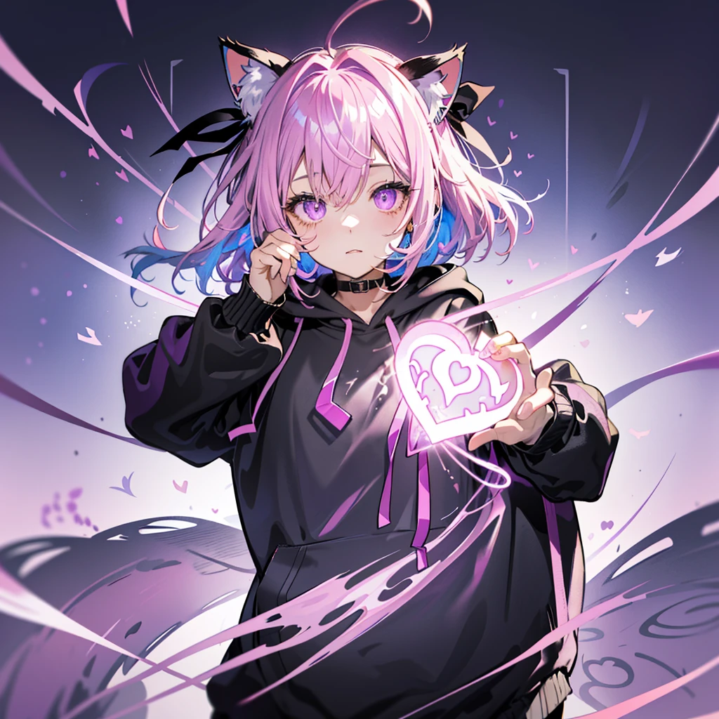 1girl,  pink and light blue ((streaked hair)), highlights hair, masterpiece, purple eye,  ((((background、Shining Heart　Make a heart　Front))))　((( black hoodie、 Hooded 　Cat ears　 shorthair )))　(( Shiny Earrings 　Small black ribbon))　Shining Edges　輝くbackground